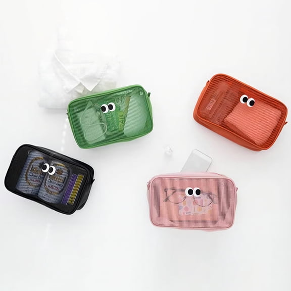 Cute Big Eyes Makeup Bag, Large Capacity Mesh Storage Organizer Featuring Digital and Sundries Compartments for Travel and Daily Use, Durable and Portable Design In Black