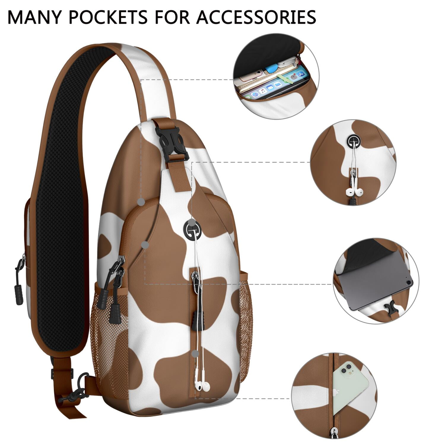 Cow Print Crossbody Sling Backpack Casual Daypack Adjustable Padded Strap Y2K Country Style Cow Print Sling Backpack, Lightweight  main image 3