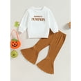 thumbnail image 2 of Wassery Kids Girls 2PCS Halloween Clothes Toddler Girls Fall Outfits Set Long Sleeve Letter Print Sweatshirt Solid Color Flared Pants 3-8 Years, 2 of 8