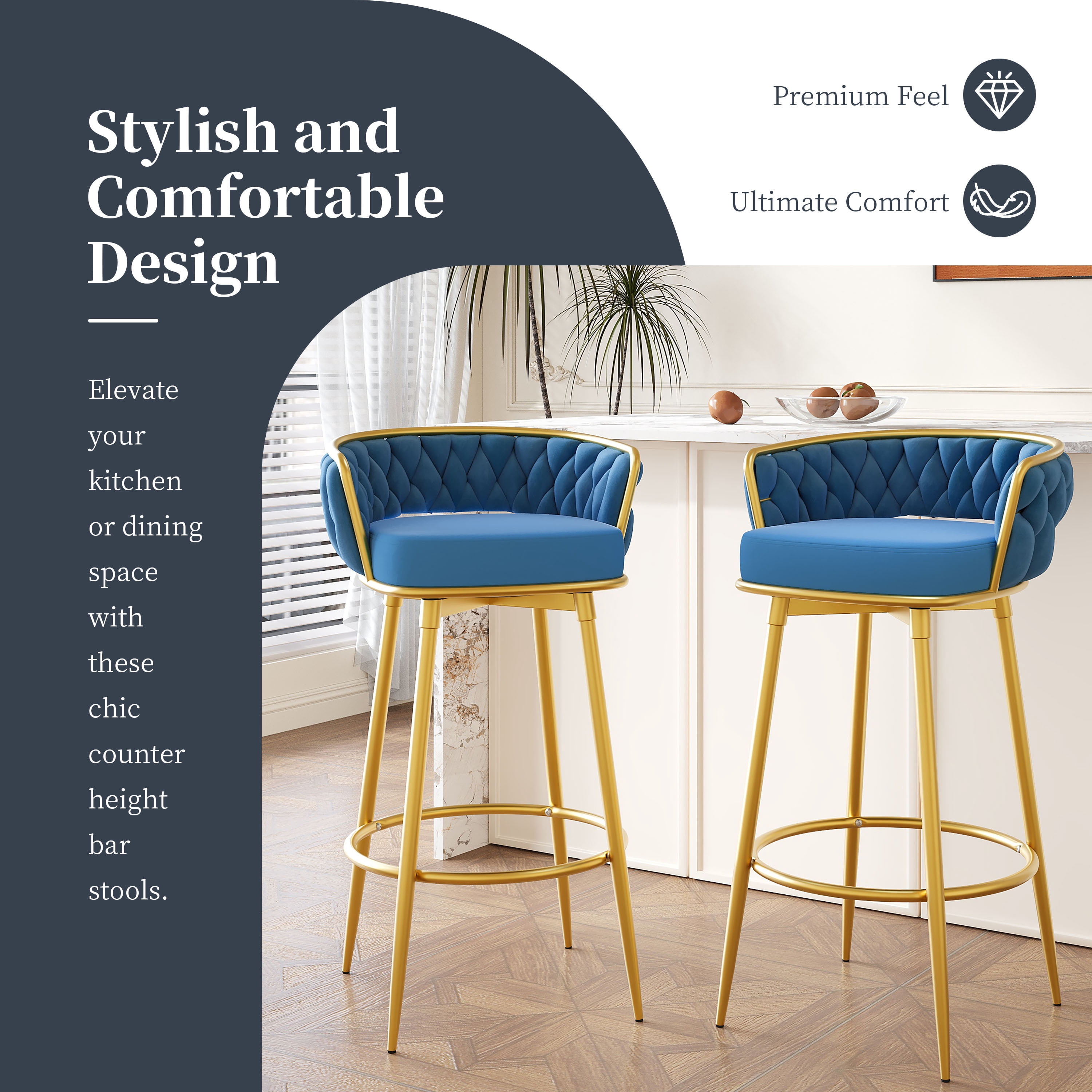 EUROCO Swivel Counter Height Bar Stools Set of 2, 31.5" Upholstered Bar Chairs with Hand-Woven Backrest & Gold Metal Legs,Tall Armless Kitchen Chairs for Island,Blue