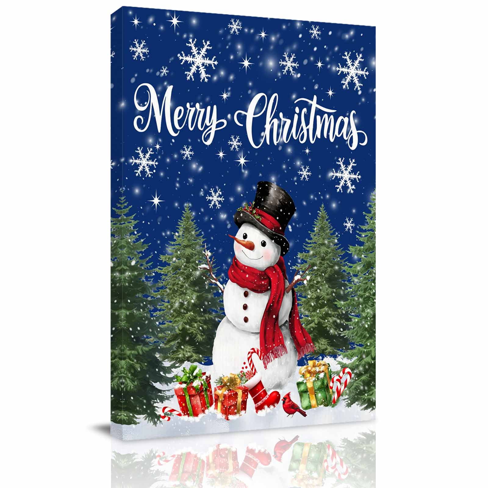 Canvas Wall Art Navy Blue Christmas Framed Canvas Prints for Kitchen Bedroom Snowman Xmas Tree Snowflake Winter Gifts Small Gallery Wrapped Wall Decor for Home Office Gifts 8 x12 Ship Next Day