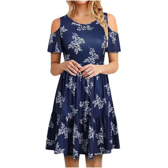 USSUMA Women's Floral Cold Shoulder Swing T-Shirt Dresses Loose Summer Flowy Pleated Knee-Length Tunic Dress Beach Party Sundress