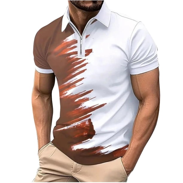 Mens Camisas de Manga Corta Rayas Zip-Up Solapa Deportes Top, Casual Camisa de Manga Corta para Hombres