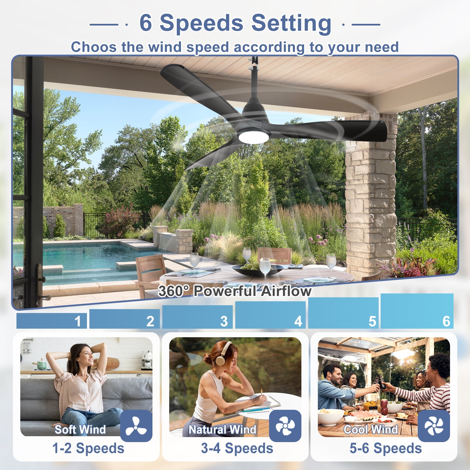 Depuley 42-Inch Waterproof Ceiling Fan with Light - Plug-in Hanging Fan Remote & App Control, 3CCT LED for Gazebo & Patio, Black Blades