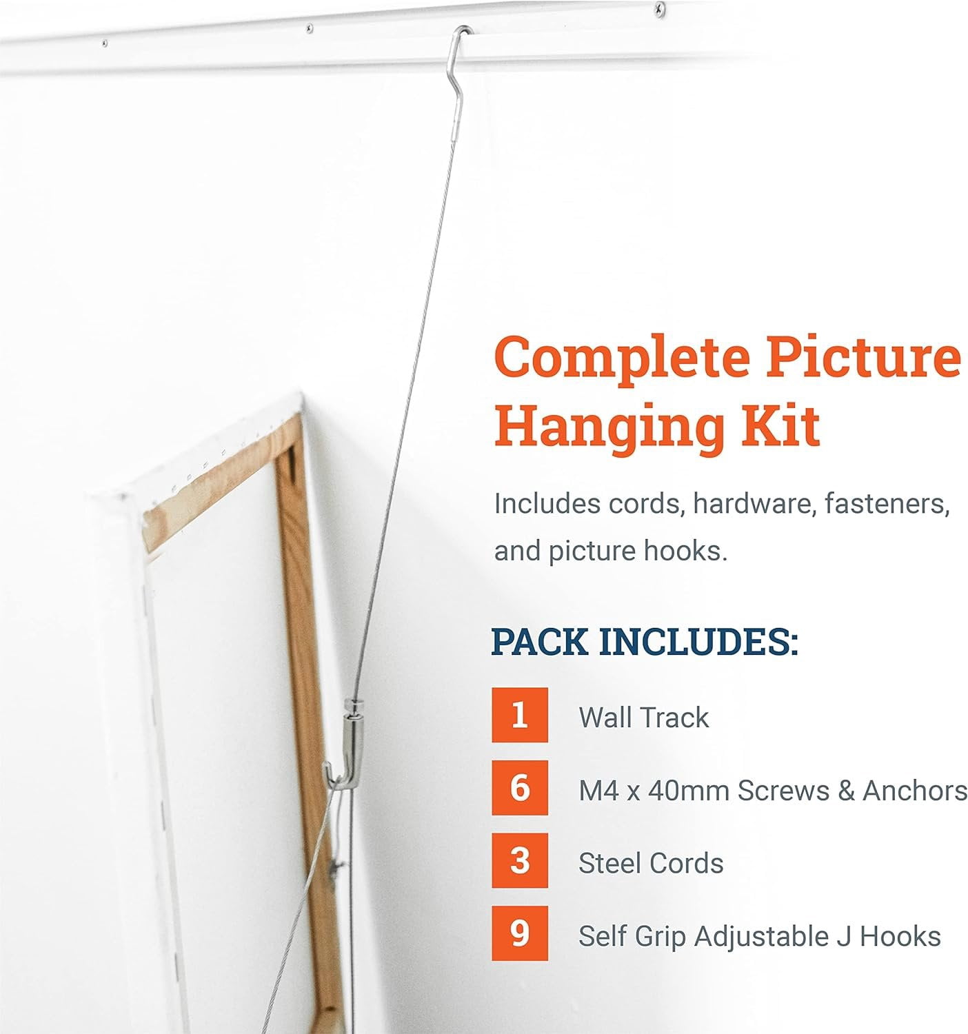 Picture Hang Solutions - Track 101 Picture Rail Kit - Includes 79-inch Wall Track, Steel Cords, Adjustable Hooks, and Hardware - Gallery Hanging Systems 2 sets per pack