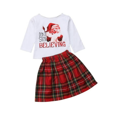 Santa Skirt Set Baby Girl Christmas Set Don't Stop Believing Santa T-Shirt Plaid Mini Skirt Outfit ()