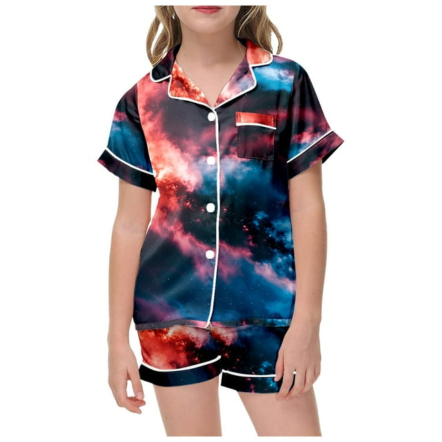 PMVFHDE Pyjamas d'Hiver pour Filles Mode Enfants Thème Étoilé Imprimé Boutonné Col à Revers Manches Courtes Ensemble de Pyjamas Rose, 4-5 Ans