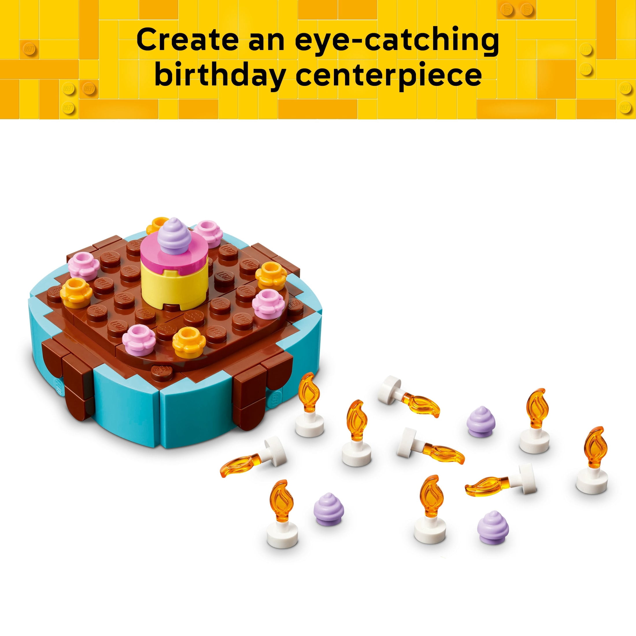 LEGO Birthday Party Cake - Building Toy for Boys & Girls, Ages 7+ - Birthday Decoration with 10 Candle Accessories - Craft for Kids - 40815