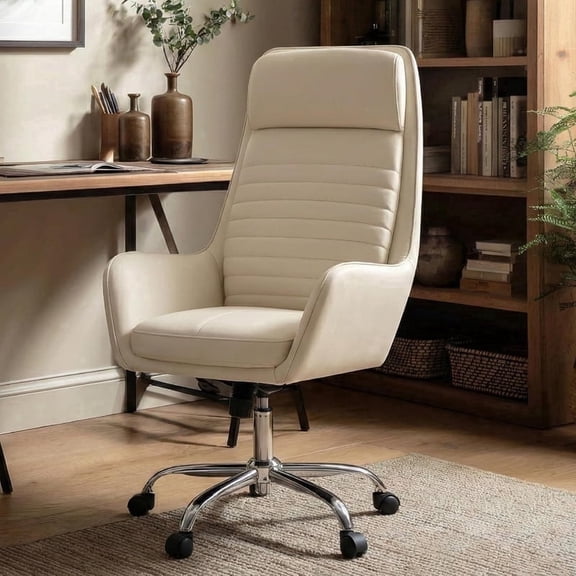 COLAMY High Back Office Chair Executive Desk Chair Ergonomic Leather Computer Chair with Rocking Function and Padded Arms, Swivel Modern Task Chair, Beige