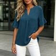 thumbnail image 5 of Edvintorg Summer Shirts for Women Cotton Linen V Neck Short Ruffle Sleeve Loose Casual Tops Womens Blouses Women Clothing Navy L, 5 of 9