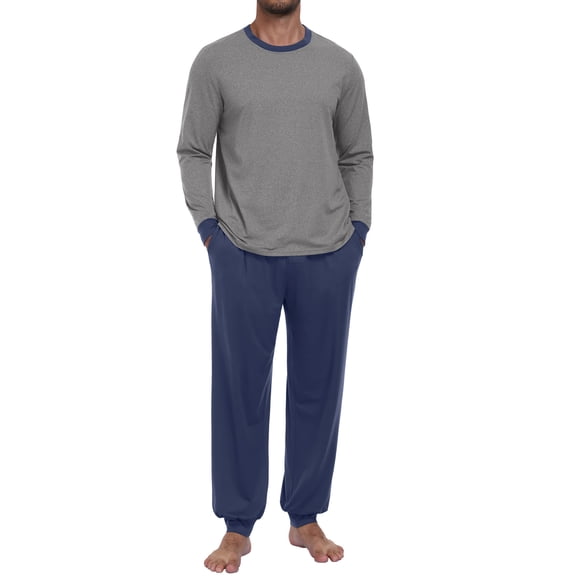 GIRUNS Men's Pajamas Set Long Sleeve Sleepwear Jogger Pants Soft Loungewear with Pockets Navy Blue L