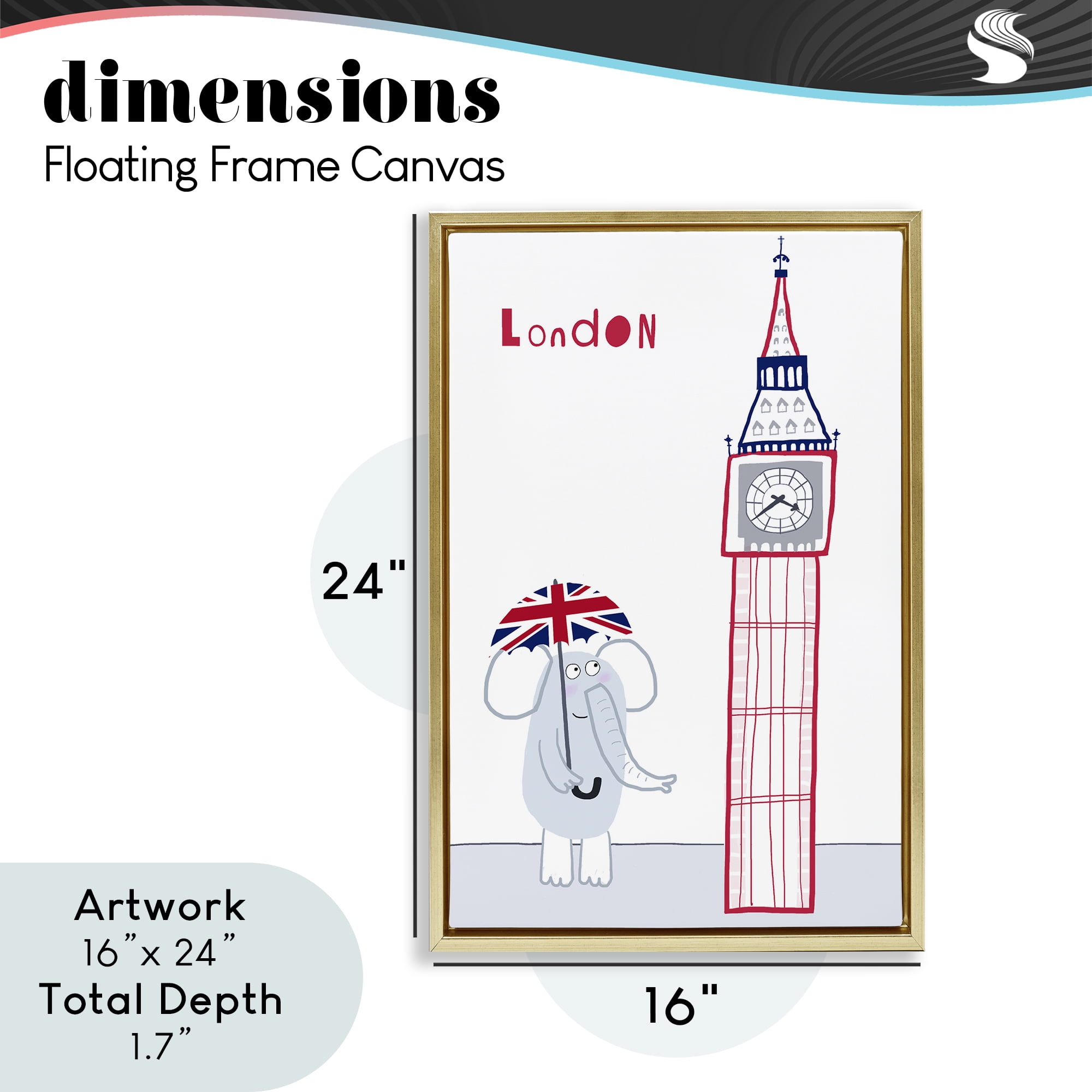 Elephant & Big Ben London Gold Framed Floater Canvas Wall Art, design by Carla Daly