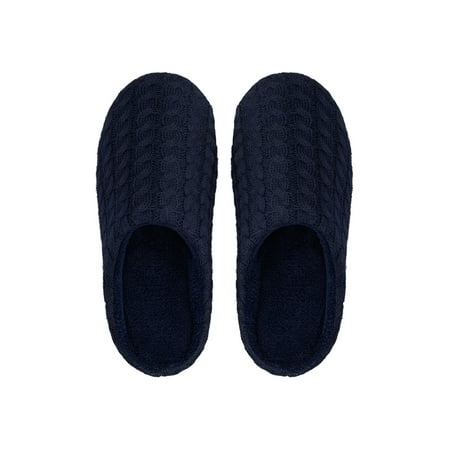 

SAYFUT Mens Women s Cotton Knit Memory Foam Slippers Terry Cloth Anti Skid Indoor/Outdoor Slip-on House Shoes Navy Blue