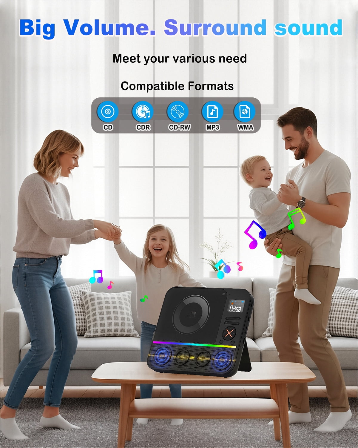 Portable CD Player with Bluetooth ,Desktop Boombox Portable CD Player Bluetooth CD Player with Speakers FM Radio & RGB Light, LED Screen for Home Support Wireless Headphones USB/AUX Headphone Jack