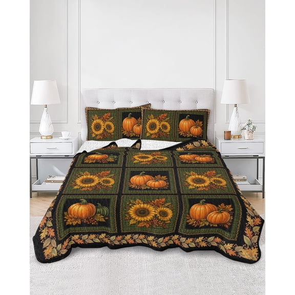 Quilts Queen Size, Thanksgiving Soft Comforter Bedding Set for Bed, Fall Pumpinks Sunflower Leaves Vintage Lightweight Quilted Bedspread with Pillow Cover(2 Pieces) for All Season, 90x96 Inch