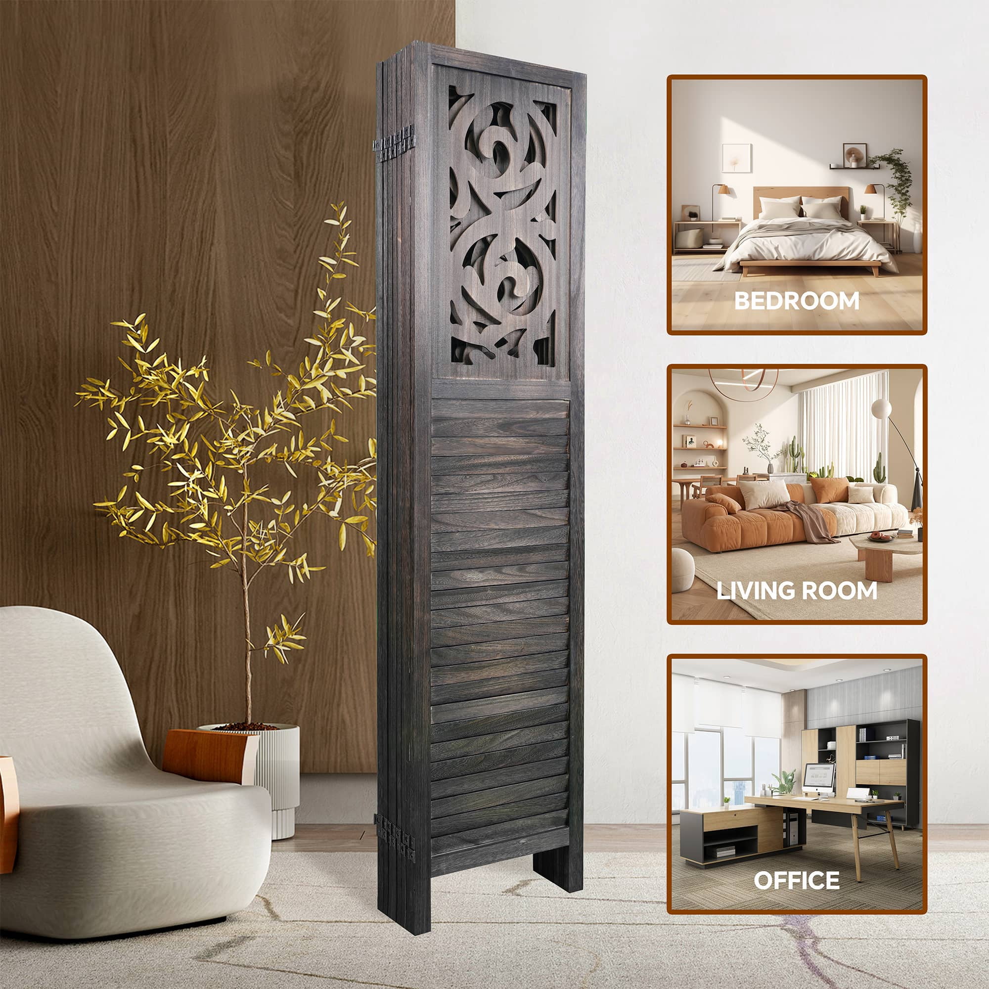 MAYEERTY 8 Panel Freestanding Room Dividers, 6FT Carved Wood Folding Privacy Screens, Rustic Brown