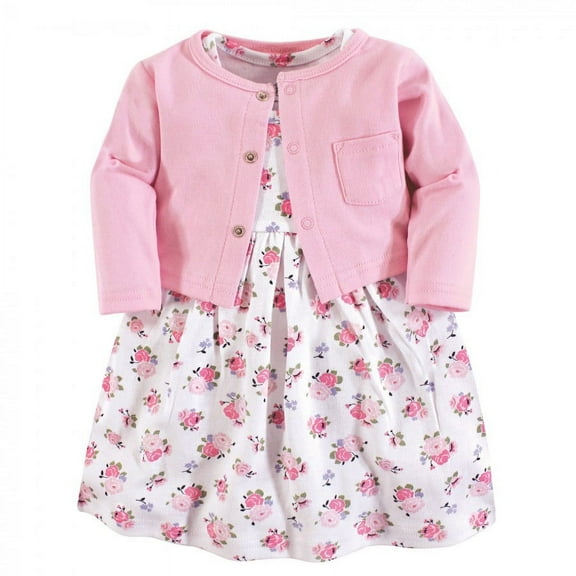 Luvable Friends Baby and Toddler Girl Dress and Cardigan 2pc Set, Pink Floral, 0-3 Months