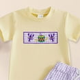 thumbnail image 4 of CAICJ98 Toddler Baby Boy Mardi Gras Outfit Crown Embroidery Short Sleeve T Shirt Top Plaid Shorts 2Pcs Spring Summer Clothes (Yellow,2-3 Years), 4 of 4