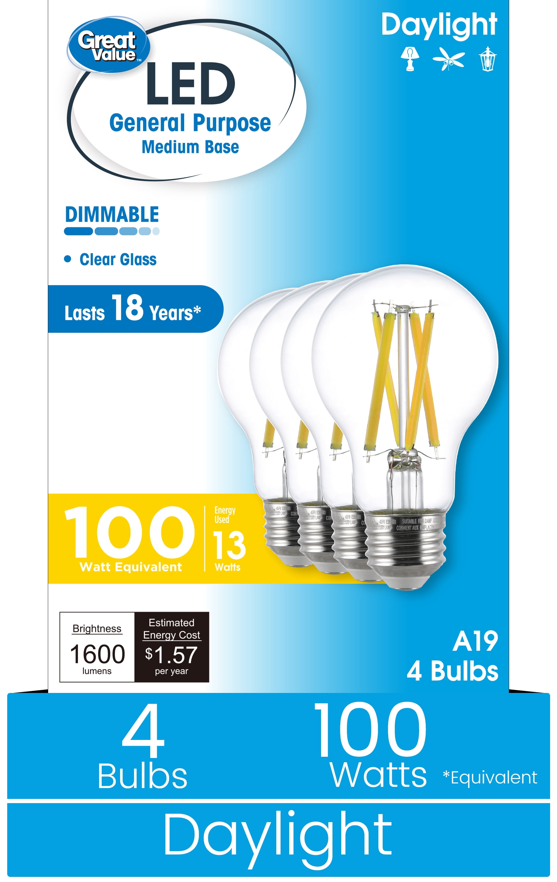 (4 pack) Great Value 18YR A19 LED Light Bulb, 13W (100W Equivalent) Dimmable Daylight E26 Medium Base (4 Pack)