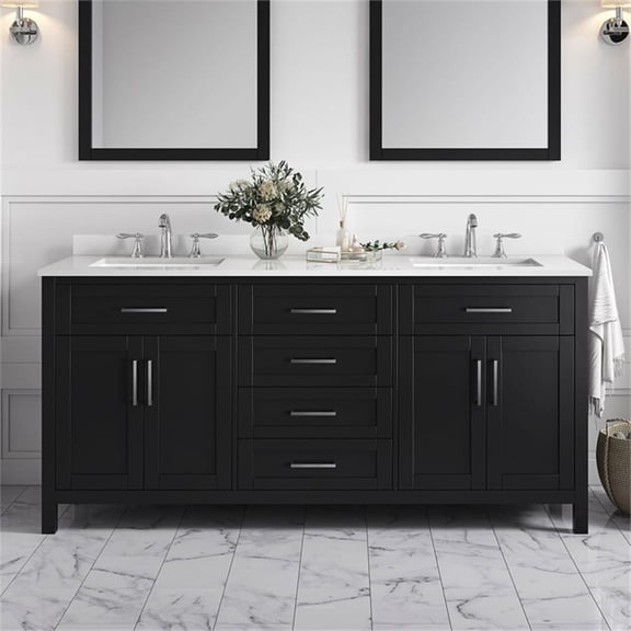 Pemberly Row 72" Double Bathroom Vanity in Espresso with White Countertop