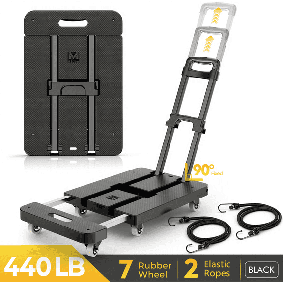 M BUDER Folding Hand Truck, 440 LBS Heavy Duty Dolly Cart, Utility Platform Cart with 7 Wheels for Travel, House, Office, Shopping, Moving Use Black Folded