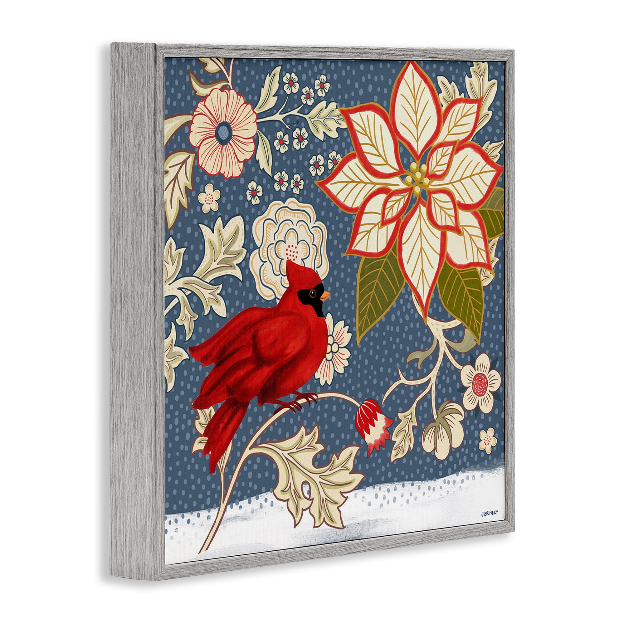Stupell Industries Winter Cardinal with Flowers Animals & Insects Painting Gray Framed Art Print Wall Art, 12 x 12