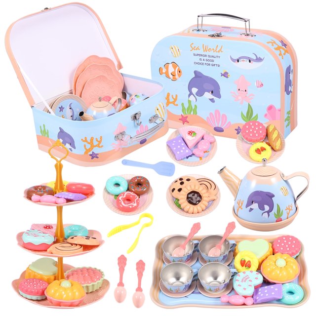 Qenwkxz - Juego de 45 piezas para fiesta de té para niños, divertido juguete de simulación de té de la tarde con estuche para llevar postres, juguete de simulación portátil de princesa para niñas