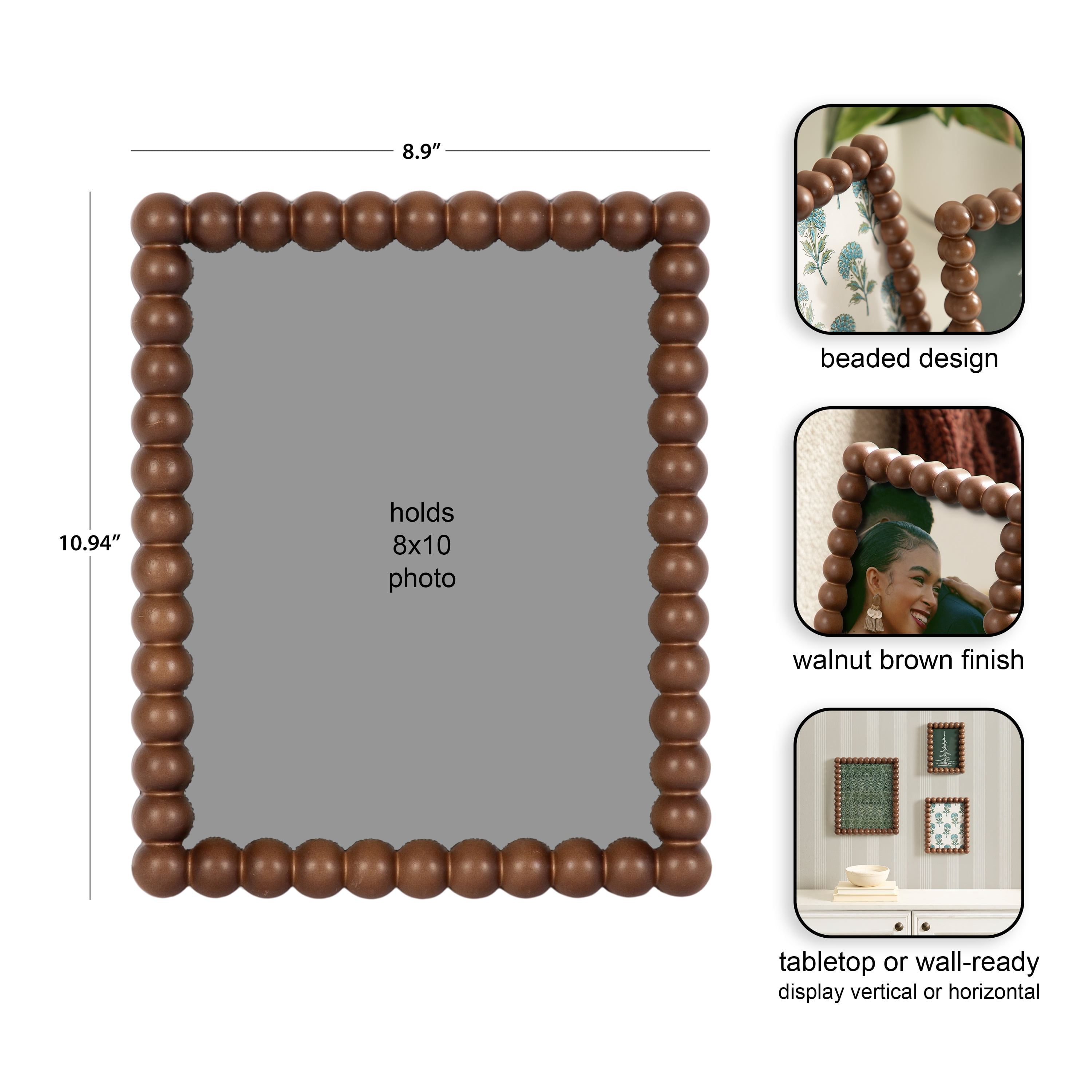 DesignOvation – 8x10 Picture Frame – Beaded Medium Walnut Tabletop Photo Frame