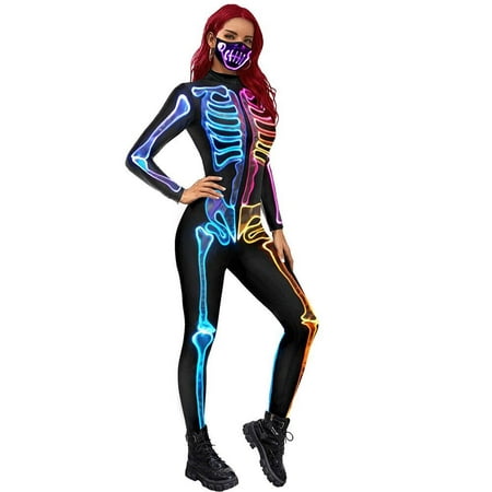 

BRAND BIG SALE!Color Fluorescent Skeleton Print Tight Jumpsuit Ladies Long-sleeved 3D Printing Bodysuit Costume