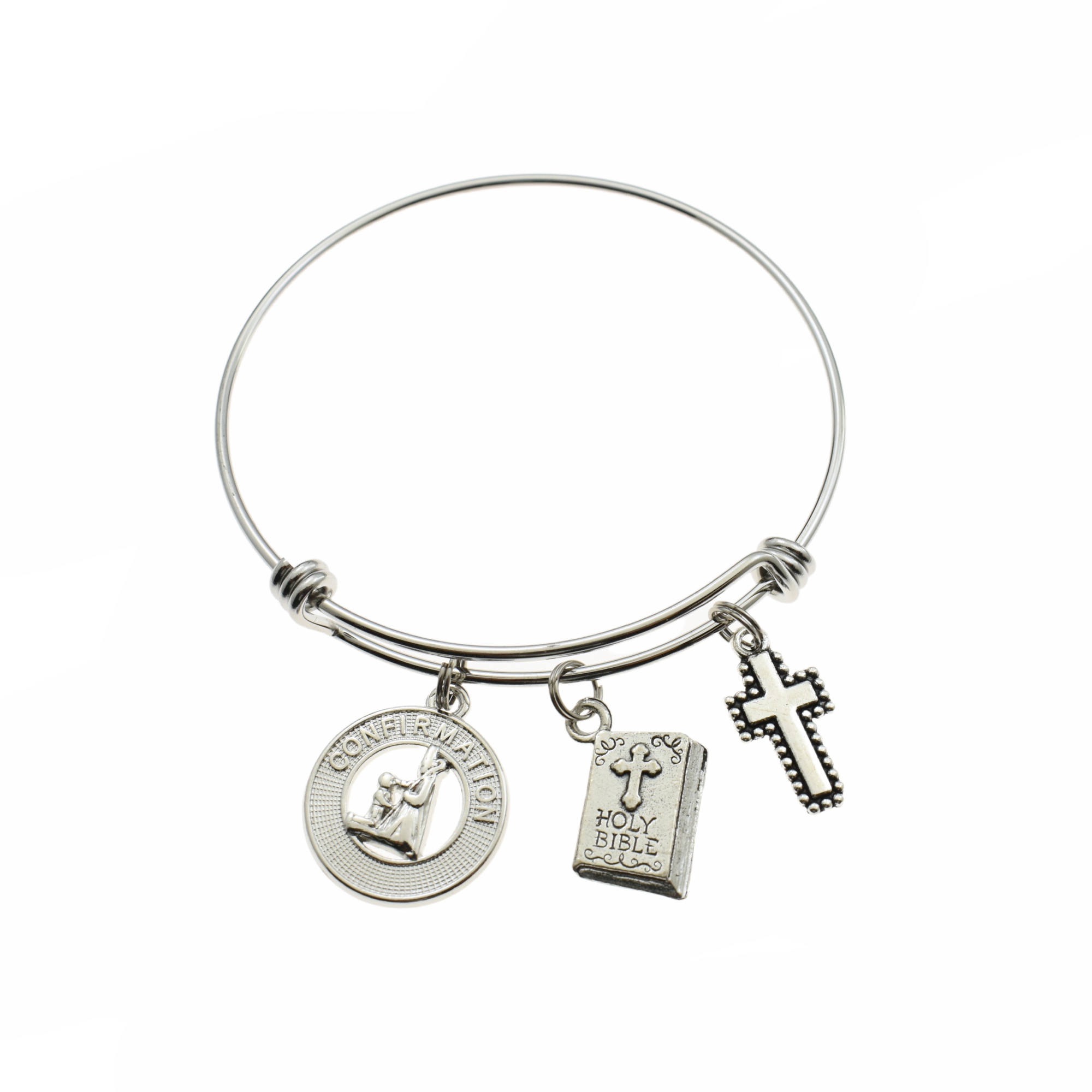 Confirmation Bangle Bracelet in silver stainless steel with three silver toned charms. Confirmation gift for teen girl. Confirmation gift.