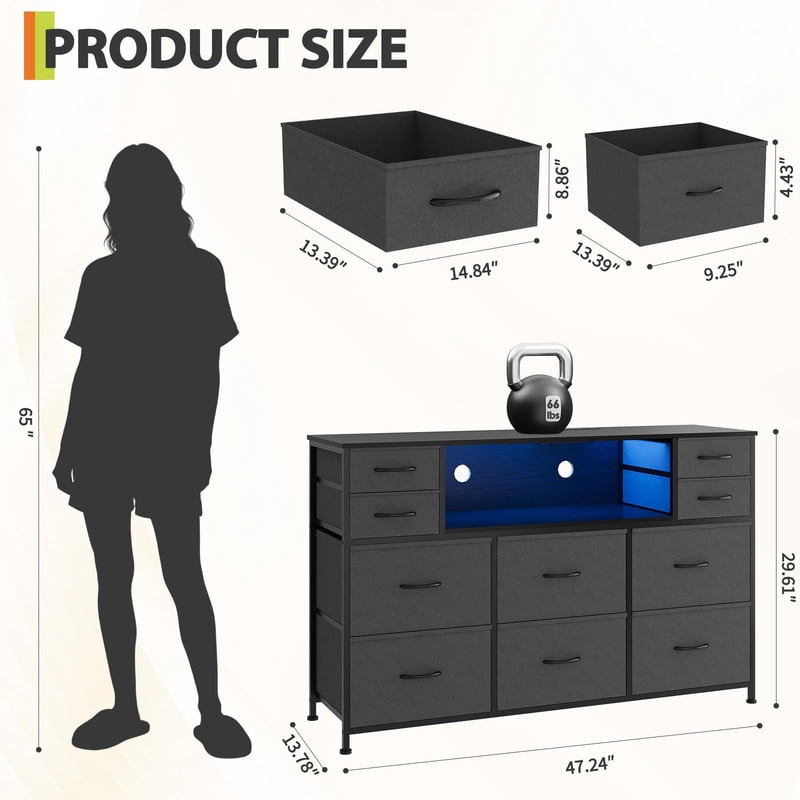 TROPOW 10 Fabric Drawers Dresser with LED Lights, Entertainment Center with Charging Station, Wood Top, Open Shelves, TV Stand for 40"-55" TV, Chest of Drawers for Bedroom Living Room Hallway