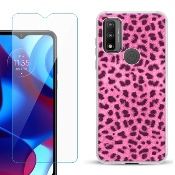 Slim-Fit Gel TPU Phone Case for Motorola Moto G Pure, with Tempered Glass Screen Protector, by OneToughShield ® - Cheetah Pink