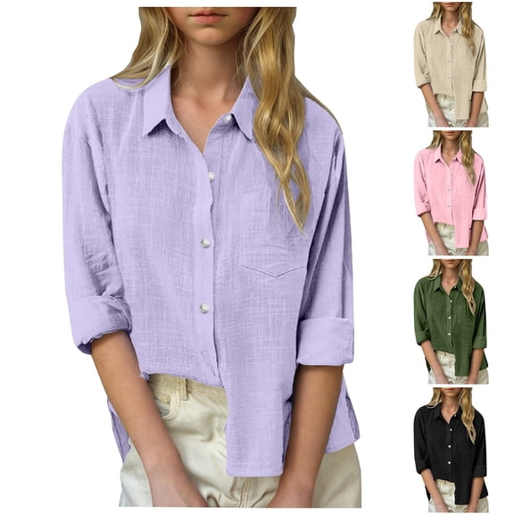 Girls Linen Shirt Long Sleeve Pleated Button Down Blouse Spring Summer Casual Gauze Tops with Pocket Comfy Plain Peasant Tops