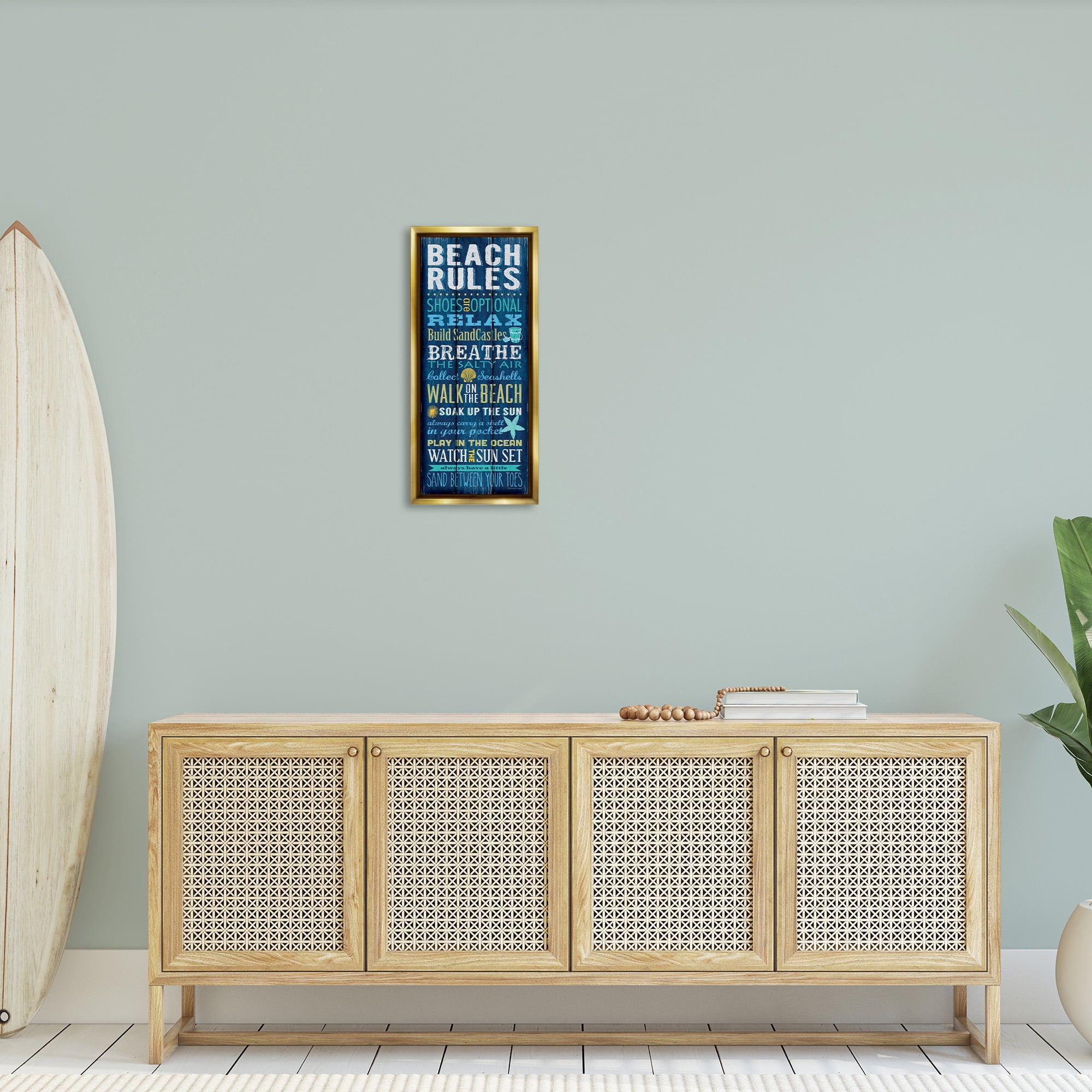 Stupell Industries Blue Planked Beach Rules Sign Nature Painting Gold Floater Framed Canvas Art Print Wall Art, 11 x 25