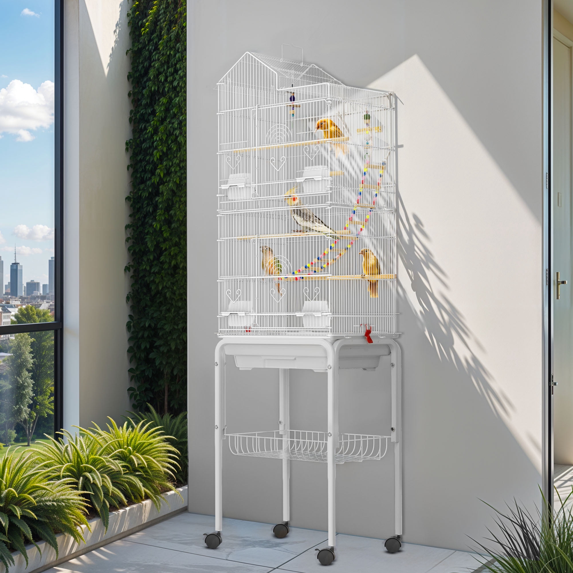 ModFusion 62" Metal Birdcage with Rolling Stand, Playful Accessories for Parakeets, Lovebirds & Conures – White