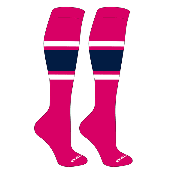 MK Socks Striped OTC Baseball, Softball, Football Socks (B) Hot Pink, White, Navy (S)