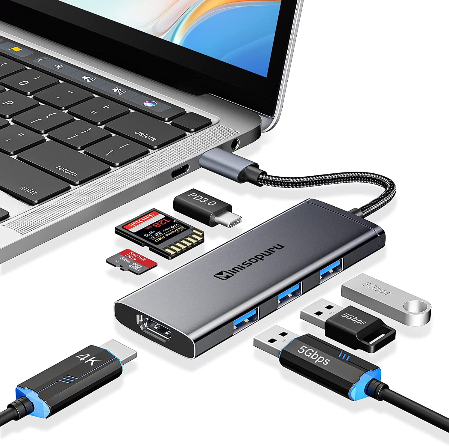 Minisopuru USB C to USB Hub, 7 in 1 USB C Hub with 3 USB3.0,4K HDMI,100W Charging, SD &TF, USB-C Hub USB C Dongle for MacBook Pro/Air, Surface, XPS, iPad