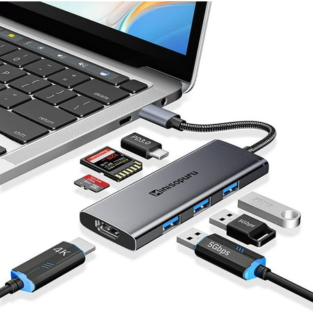 Minisopuru USB C to USB Hub, 7 in 1 USB C Hub Multiport Adapter with 3 USB3.0,4K HDMI,100W Charging, SD &TF, USB-C Hub USB C Dongle for MacBook Pro/Air, Surface, XPS, iPad & More (Space Black)