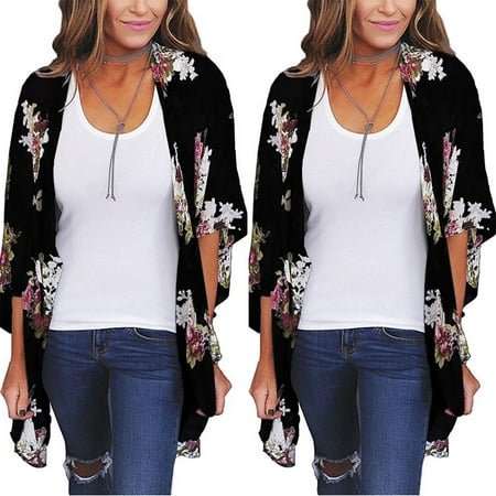 Women Floral Loose Shawl Vintage Kimono Cardigan Boho Chiffon Coat Jacket Blouse Black Size