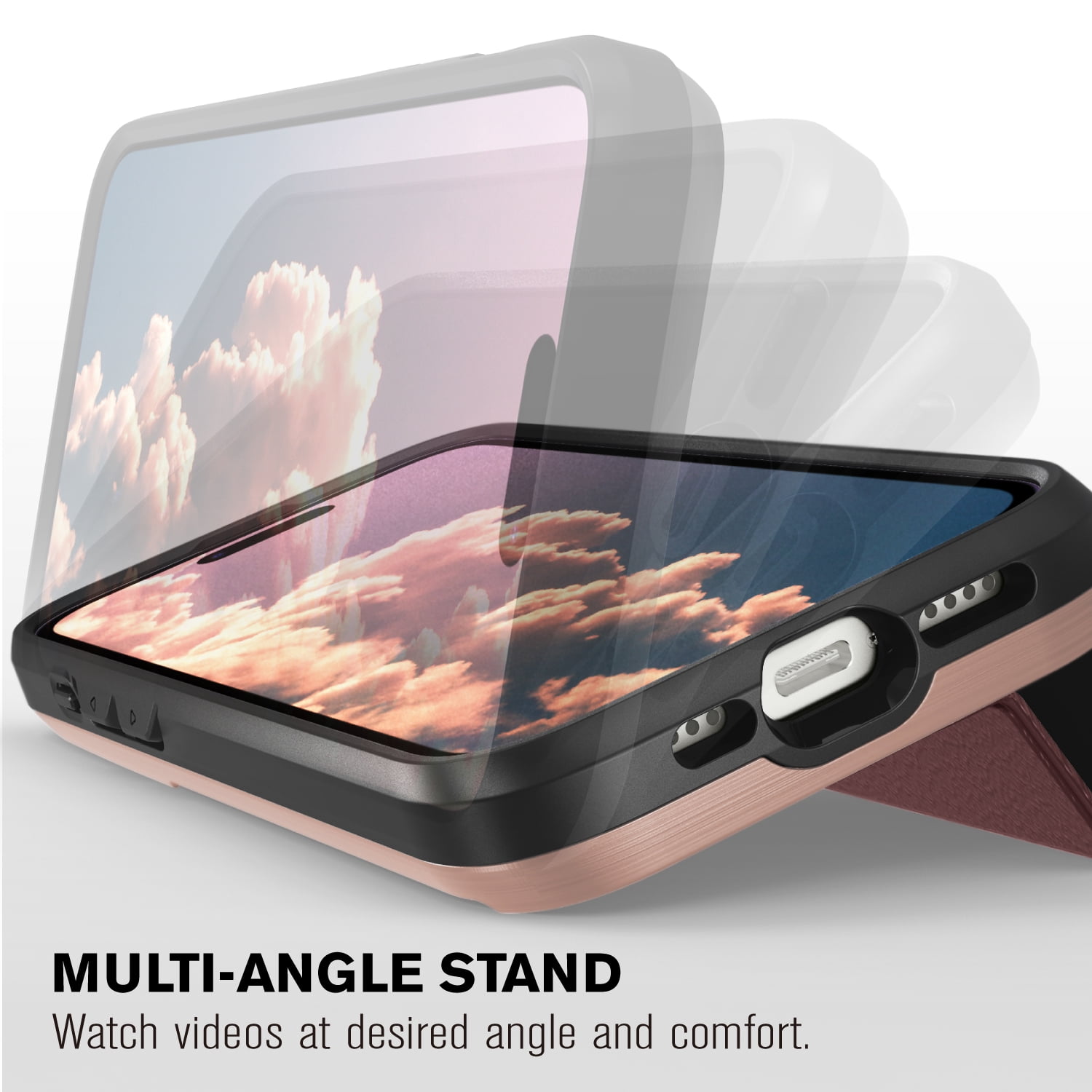 VENA vCommute Wallet Case Compatible with Apple iPhone 15 Pro (6.1"), (Military Grade Drop Protection) Flip Leather Cover Card Slot Holder with Kickstand - Rose Gold / Red / Black