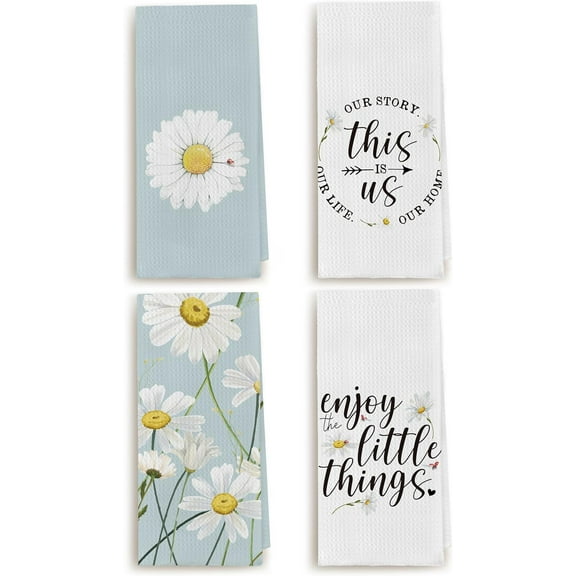 Daisy Bathroom Decor, Daisy Kitchen Towels, Dish Towels Decor Set of 4, This is Us, Enjoy The Little Thing, Absorbent Drying Cloth Hand Towels Tea Towels for Bathroom, 18 x 26 Inch