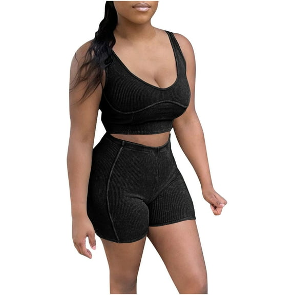 Bovxnpu Women Athletic Outfits, 2 Piece Workout Sets, Women's Ribbed Suspender High Waist And Hip Lifting Shorts Casual Sports Set XL