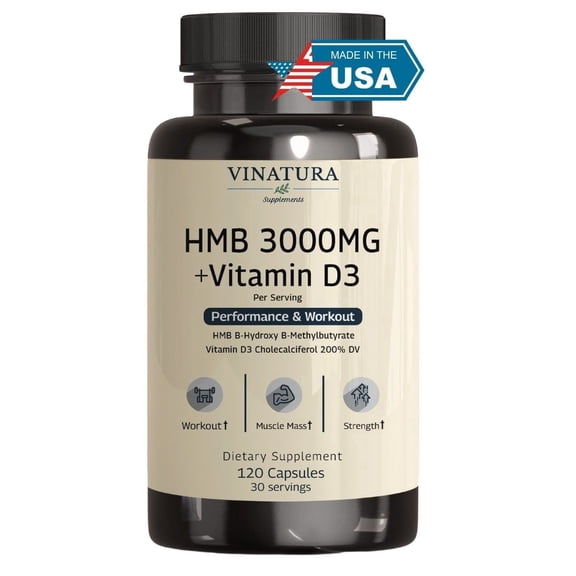 HMB 3000mg and Vitamin D3 Supplement - HMB (Beta-Hydroxy Beta-Methylbutyrate), Vitamin D3 (1600 IU), Made in USA & NSF Certified for Sport - 120 Capsules