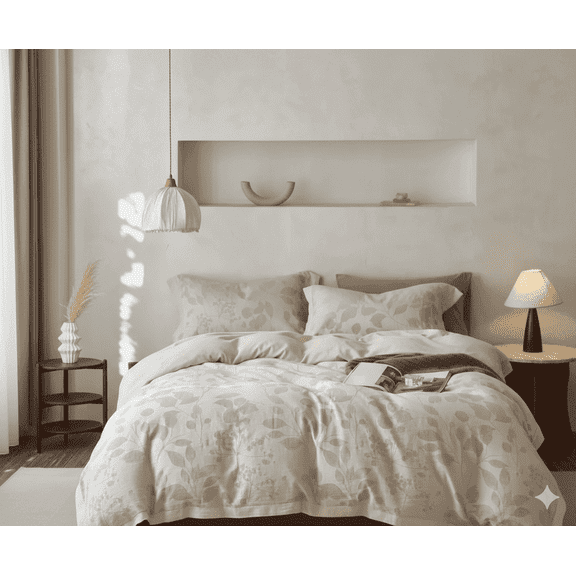 Say Yes Bedding Linen Jacquard Duvet Cover Set King Size, 3-Piece Beige Comforter Cover with 2 Pillow Shams, Soft Breathable Fabric, Elegant Floral Design