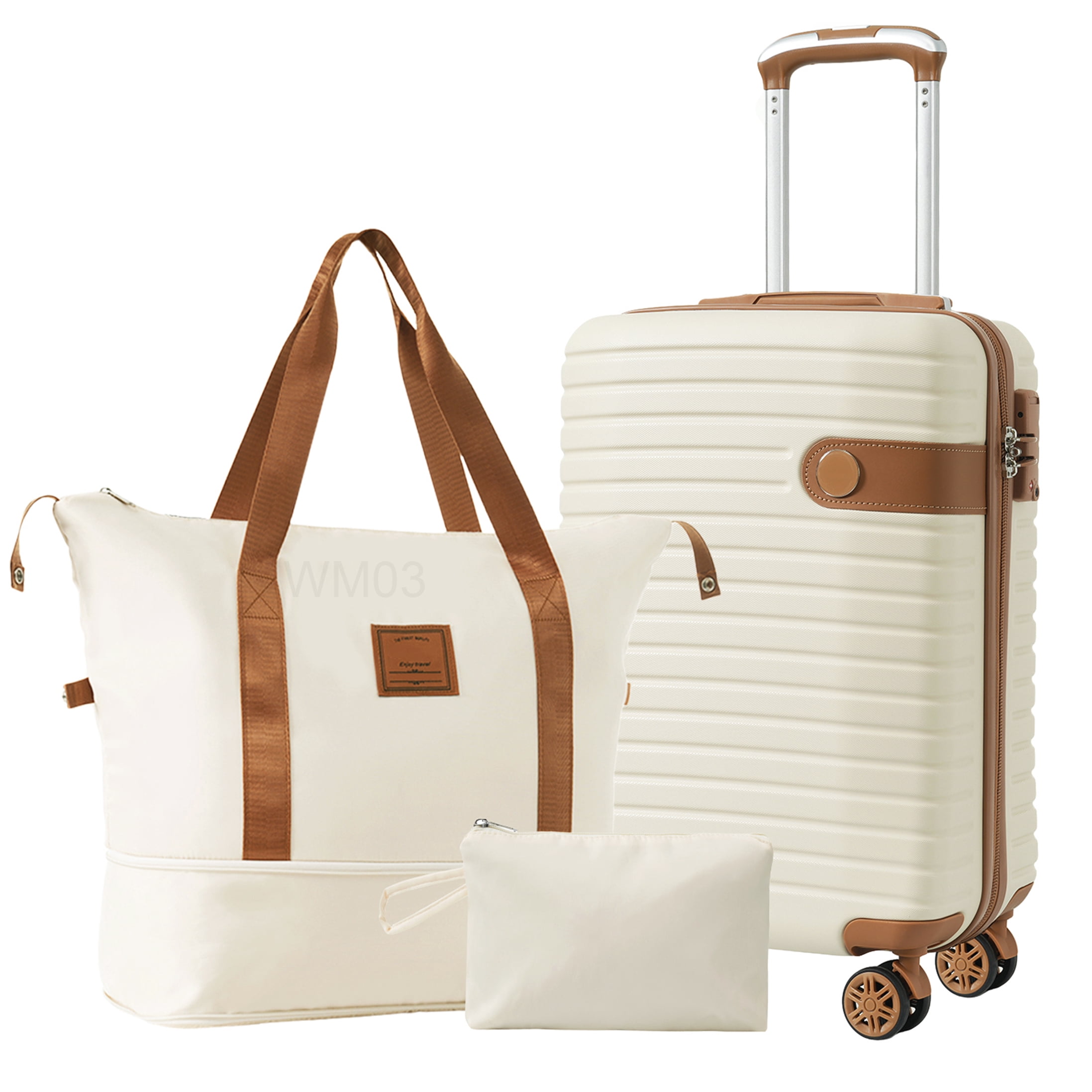 Lightweight 3-Piece Hardshell Luggage Set with Wheels, Airline Approved Carry-On Suitcase in Cream