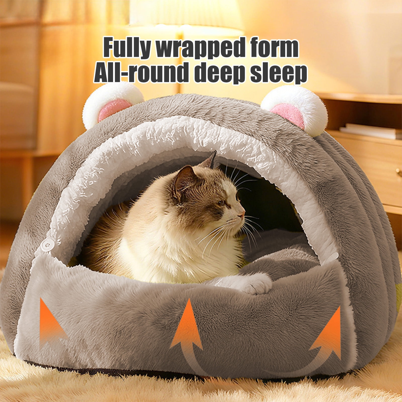 2 In 1 Hooded Pet Bed for Small Dogs & Cats, Winter Plush Calming Dog & Cat Cave bed for Indoor Outdoor, Wear-resistant Removable Washable Dog & Cat House with Non-Slip Bottom