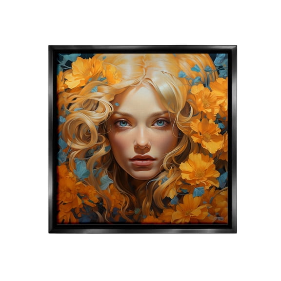 Stupell Industries Woman with Intense Gaze Botanical & Floral Painting Black Floater Framed Canvas Art Print Wall Art, 18 x 18
