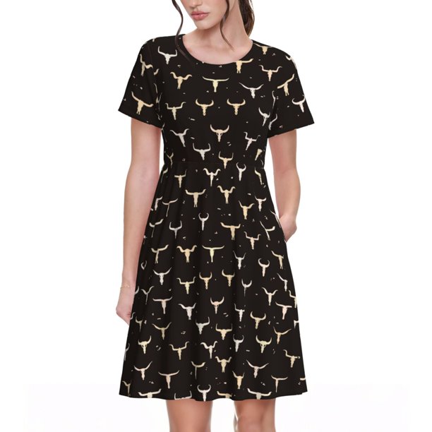 Disketp Cow Skulls para Vestido de Manga Corta para Mujeres, Vestidos de Verano para Mujeres, Casual y Holgado para la Playa