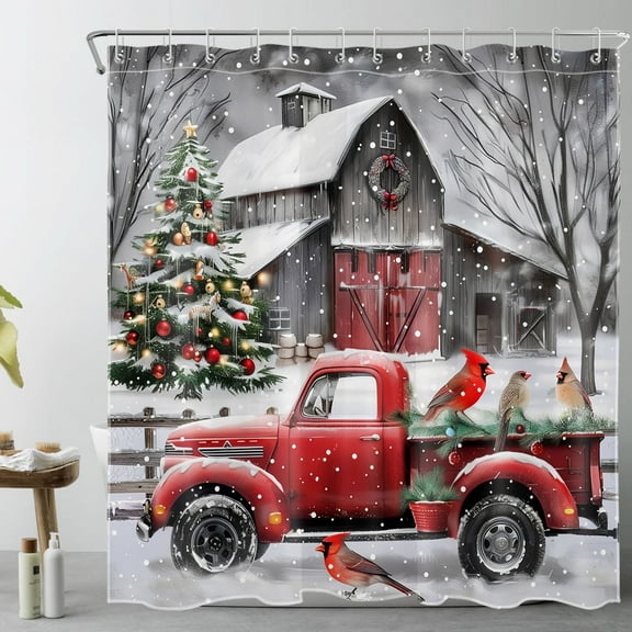 Christmas Snow Truck Shower Curtain for Bathroom Red Truck Cardinal and Christmas Tree Bathroom Shower Curtain Grey Winter Barn Shower Curtain Bath Accessories Home Decor with 12 Hooks 72x78 Inches