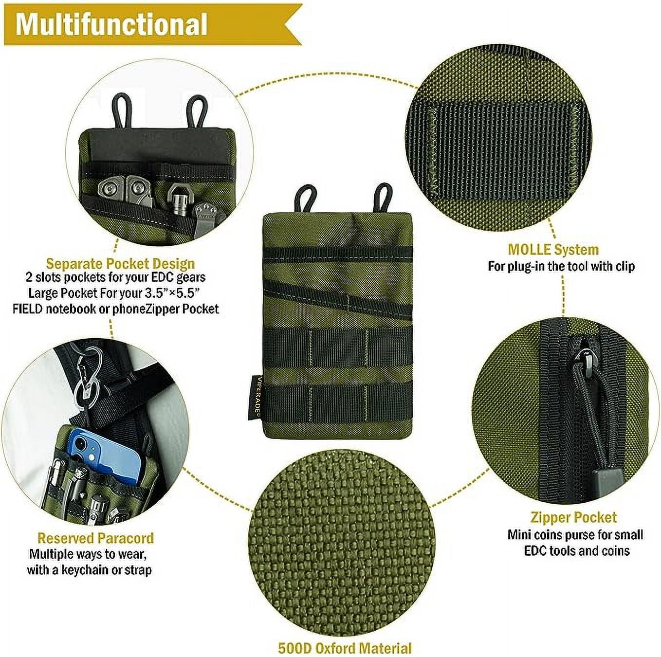 VIPERADE VE3 Tool Pouch Pocket Organizer, Nylon Tool Belt Loop Pouch with 4 Pockets Tool Storage EDC Pouch for Flashlight/Pocket Knife, Tactical Pen, Notebook (Green)